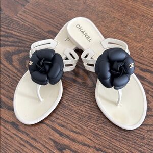 Chanel Black and Cream Camellia Sandals